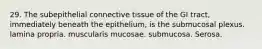 29. The subepithelial connective tissue of the GI tract, immediately beneath the epithelium, is the submucosal plexus. lamina propria. muscularis mucosae. submucosa. Serosa.