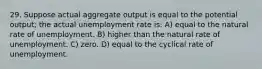 29. Suppose actual aggregate output is equal to the potential output; the actual unemployment rate is: A) equal to the natural rate of unemployment. B) higher than the natural rate of unemployment. C) zero. D) equal to the cyclical rate of unemployment.