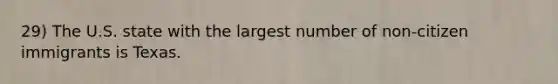 29) The U.S. state with the largest number of non-citizen immigrants is Texas.