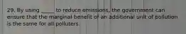 29. By using _____ to reduce emissions, the government can ensure that the marginal benefit of an additional unit of pollution is the same for all polluters.
