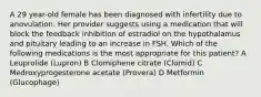 A 29 year-old female has been diagnosed with infertility due to anovulation. Her provider suggests using a medication that will block the feedback inhibition of estradiol on the hypothalamus and pituitary leading to an increase in FSH. Which of the following medications is the most appropriate for this patient? A Leuprolide (Lupron) B Clomiphene citrate (Clomid) C Medroxyprogesterone acetate (Provera) D Metformin (Glucophage)