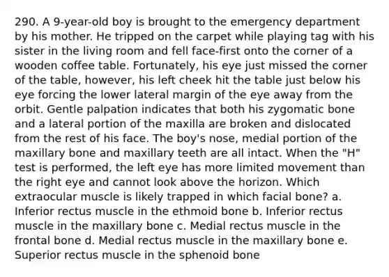 290. A 9-year-old boy is brought to the emergency department by his mother. He tripped on the carpet while playing tag with his sister in the living room and fell face-first onto the corner of a wooden coffee table. Fortunately, his eye just missed the corner of the table, however, his left cheek hit the table just below his eye forcing the lower lateral margin of the eye away from the orbit. Gentle palpation indicates that both his zygomatic bone and a lateral portion of the maxilla are broken and dislocated from the rest of his face. The boy's nose, medial portion of the maxillary bone and maxillary teeth are all intact. When the "H" test is performed, the left eye has more limited movement than the right eye and cannot look above the horizon. Which extraocular muscle is likely trapped in which facial bone? a. Inferior rectus muscle in the ethmoid bone b. Inferior rectus muscle in the maxillary bone c. Medial rectus muscle in the frontal bone d. Medial rectus muscle in the maxillary bone e. Superior rectus muscle in the sphenoid bone