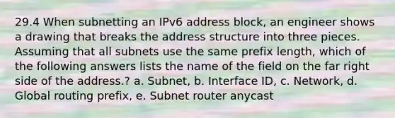 29.4 When subnetting an IPv6 address block, an engineer shows a drawing that breaks the address structure into three pieces. Assuming that all subnets use the same prefix length, which of the following answers lists the name of the field on the far right side of the address.? a. Subnet, b. Interface ID, c. Network, d. Global routing prefix, e. Subnet router anycast