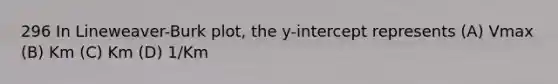 296 In Lineweaver-Burk plot, the y-intercept represents (A) Vmax (B) Km (C) Km (D) 1/Km