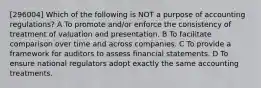 [296004] Which of the following is NOT a purpose of accounting regulations? A To promote and/or enforce the consistency of treatment of valuation and presentation. B To facilitate comparison over time and across companies. C To provide a framework for auditors to assess financial statements. D To ensure national regulators adopt exactly the same accounting treatments.