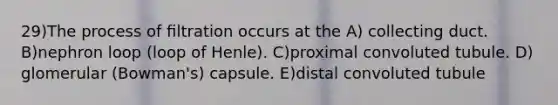 29)The process of ﬁltration occurs at the A) collecting duct. B)nephron loop (loop of Henle). C)proximal convoluted tubule. D) glomerular (Bowman's) capsule. E)distal convoluted tubule