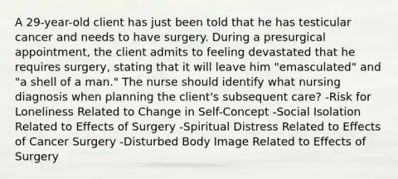 A 29-year-old client has just been told that he has testicular cancer and needs to have surgery. During a presurgical appointment, the client admits to feeling devastated that he requires surgery, stating that it will leave him "emasculated" and "a shell of a man." The nurse should identify what nursing diagnosis when planning the client's subsequent care? -Risk for Loneliness Related to Change in Self-Concept -Social Isolation Related to Effects of Surgery -Spiritual Distress Related to Effects of Cancer Surgery -Disturbed Body Image Related to Effects of Surgery