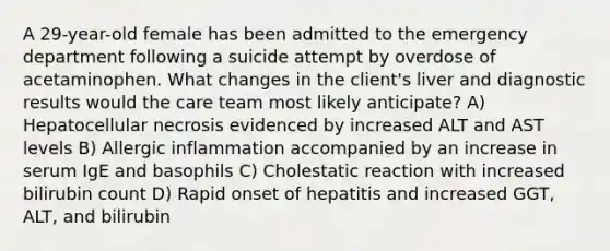 A 29-year-old female has been admitted to the emergency department following a suicide attempt by overdose of acetaminophen. What changes in the client's liver and diagnostic results would the care team most likely anticipate? A) Hepatocellular necrosis evidenced by increased ALT and AST levels B) Allergic inflammation accompanied by an increase in serum IgE and basophils C) Cholestatic reaction with increased bilirubin count D) Rapid onset of hepatitis and increased GGT, ALT, and bilirubin