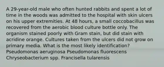 A 29-year-old male who often hunted rabbits and spent a lot of time in the woods was admitted to the hospital with skin ulcers on his upper extremities. At 48 hours, a small coccobacillus was recovered from the aerobic blood culture bottle only. The organism stained poorly with Gram stain, but did stain with acridine orange. Cultures taken from the ulcers did not grow on primary media. What is the most likely identification? Pseudomonas aeruginosa Pseudomonas fluorescens Chryseobacterium spp. Francisella tularensis