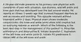 A 29-year-old male presents to his primary care physician with complaints of pain with urination, eye dryness, and left ankle and knee pain that has developed over the last several weeks. He reports an illness 3 weeks ago that involved frequent diarrhea as well as nausea and vomiting. This episode resolved without treatment within 2 days. Physical exam shows moderate conjunctivitis; the knee and ankle joints show mild crepitus but no overlying redness or warmth. Which of the following is the best next step in the management of this patient? A. Prescribe azithromycin and doxycycline B. Initiate ibuprofen C. Aspiration of the left knee and ankle joints D. Initiate PO prednisone E. Obtain MRI of the left knee and ankle