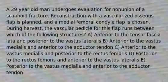 A 29-year-old man undergoes evaluation for nonunion of a scaphoid fracture. Reconstruction with a vascularized osseous flap is planned, and a medial femoral condyle flap is chosen. During harvest, the vascular pedicle for this flap runs between which of the following structures? A) Anterior to the tensor fascia lata and posterior to the vastus lateralis B) Anterior to the vastus medialis and anterior to the adductor tendon C) Anterior to the vastus medialis and posterior to the rectus femoris D) Posterior to the rectus femoris and anterior to the vastus lateralis E) Posterior to the vastus medialis and anterior to the adductor tendon