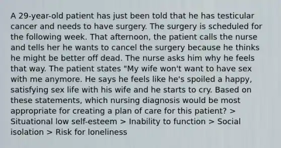 A 29-year-old patient has just been told that he has testicular cancer and needs to have surgery. The surgery is scheduled for the following week. That afternoon, the patient calls the nurse and tells her he wants to cancel the surgery because he thinks he might be better off dead. The nurse asks him why he feels that way. The patient states "My wife won't want to have sex with me anymore. He says he feels like he's spoiled a happy, satisfying sex life with his wife and he starts to cry. Based on these statements, which nursing diagnosis would be most appropriate for creating a plan of care for this patient? > Situational low self-esteem > Inability to function > Social isolation > Risk for loneliness