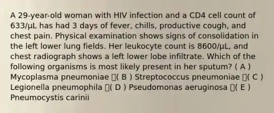 A 29-year-old woman with HIV infection and a CD4 cell count of 633/µL has had 3 days of fever, chills, productive cough, and chest pain. Physical examination shows signs of consolidation in the left lower lung fields. Her leukocyte count is 8600/µL, and chest radiograph shows a left lower lobe infiltrate. Which of the following organisms is most likely present in her sputum? ( A ) Mycoplasma pneumoniae ( B ) Streptococcus pneumoniae ( C ) Legionella pneumophila ( D ) Pseudomonas aeruginosa ( E ) Pneumocystis carinii