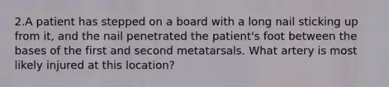 2.A patient has stepped on a board with a long nail sticking up from it, and the nail penetrated the patient's foot between the bases of the first and second metatarsals. What artery is most likely injured at this location?