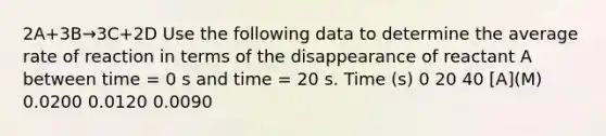 2A+3B→3C+2D Use the following data to determine the average rate of reaction in terms of the disappearance of reactant A between time = 0 s and time = 20 s. Time (s) 0 20 40 [A](M) 0.0200 0.0120 0.0090