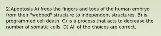 2)Apoptosis A) frees the fingers and toes of the human embryo from their "webbed" structure to independent structures. B) is programmed cell death. C) is a process that acts to decrease the number of somatic cells. D) All of the choices are correct.