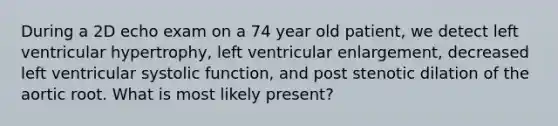 During a 2D echo exam on a 74 year old patient, we detect left ventricular hypertrophy, left ventricular enlargement, decreased left ventricular systolic function, and post stenotic dilation of the aortic root. What is most likely present?