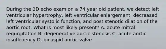 During the 2D echo exam on a 74 year old patient, we detect left ventricular hypertrophy, left ventricular enlargement, decreased left ventricular systolic function, and post stenotic dilation of the aortic root. What is most likely present? A. acute mitral regurgitation B. degenerative aortic stenosis C. acute aortic insufficiency D. bicuspid aortic valve