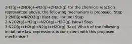 2H2(g)+2NO(g)→N2(g)+2H2O(g) For the chemical reaction represented above, the following mechanism is proposed. Step 1:2NO(g)⇌N2O2(g) (fast equilibrium) Step 2:N2O2(g)+H2(g)→N2O(g)+H2O(g) (slow) Step 3:N2O(g)+H2(g)→N2(g)+H2O(g) (fast) Which of the following initial rate law expressions is consistent with this proposed mechanism?