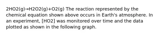 2HO2(g)→H2O2(g)+O2(g) The reaction represented by the chemical equation shown above occurs in <a href='https://www.questionai.com/knowledge/kRonPjS5DU-earths-atmosphere' class='anchor-knowledge'>earth's atmosphere</a>. In an experiment, [HO2] was monitored over time and the data plotted as shown in the following graph.