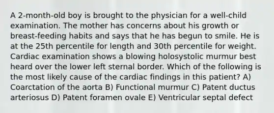 A 2-month-old boy is brought to the physician for a well-child examination. The mother has concerns about his growth or breast-feeding habits and says that he has begun to smile. He is at the 25th percentile for length and 30th percentile for weight. Cardiac examination shows a blowing holosystolic murmur best heard over the lower left sternal border. Which of the following is the most likely cause of the cardiac findings in this patient? A) Coarctation of the aorta B) Functional murmur C) Patent ductus arteriosus D) Patent foramen ovale E) Ventricular septal defect