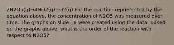 2N2O5(g)→4NO2(g)+O2(g) For the reaction represented by the equation above, the concentration of N2O5 was measured over time. The graphs on slide 18 were created using the data. Based on the graphs above, what is the order of the reaction with respect to N2O5?