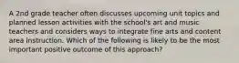 A 2nd grade teacher often discusses upcoming unit topics and planned lesson activities with the school's art and music teachers and considers ways to integrate fine arts and content area instruction. Which of the following is likely to be the most important positive outcome of this approach?