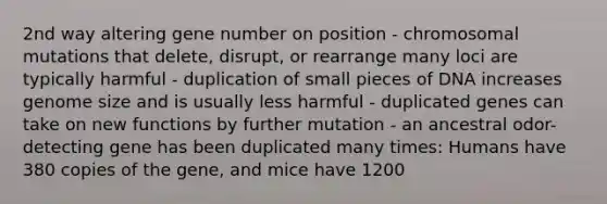 2nd way altering gene number on position - chromosomal mutations that delete, disrupt, or rearrange many loci are typically harmful - duplication of small pieces of DNA increases genome size and is usually less harmful - duplicated genes can take on new functions by further mutation - an ancestral odor- detecting gene has been duplicated many times: Humans have 380 copies of the gene, and mice have 1200