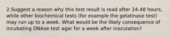 2.Suggest a reason why this test result is read after 24-48 hours, while other biochemical tests (for example the gelatinase test) may run up to a week. What would be the likely consequence of incubating DNAse test agar for a week after inoculation?