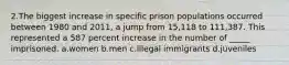 2.The biggest increase in specific prison populations occurred between 1980 and 2011, a jump from 15,118 to 111,387. This represented a 587 percent increase in the number of _____ imprisoned. a.women b.men c.illegal immigrants d.juveniles