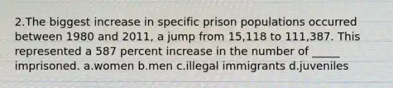 2.The biggest increase in specific prison populations occurred between 1980 and 2011, a jump from 15,118 to 111,387. This represented a 587 percent increase in the number of _____ imprisoned. a.women b.men c.illegal immigrants d.juveniles