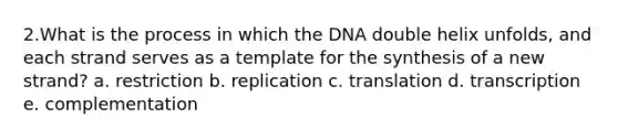 2.What is the process in which the DNA double helix unfolds, and each strand serves as a template for the synthesis of a new strand? a. restriction b. replication c. translation d. transcription e. complementation