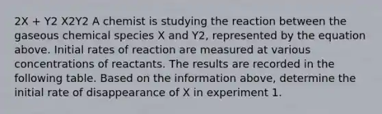 2X + Y2 X2Y2 A chemist is studying the reaction between the gaseous chemical species X and Y2, represented by the equation above. Initial rates of reaction are measured at various concentrations of reactants. The results are recorded in the following table. Based on the information above, determine the initial rate of disappearance of X in experiment 1.