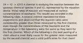 2X + Y2 -> X2Y2 A chemist is studying the reaction between the gaseous chemical species X and Y2, represented by the equation above. Initial rates of reaction are measured at various concentrations of reactants. The results are recorded in the following table. A second chemist repeated the three experiments and observed that the reaction rates were considerably greater than those measured by the first chemist, even though the concentrations of the reactants and the temperature in the laboratory were the same as they were for the first chemist. Which of the following is the best pairing of a claim about a most likely cause for the greater rates measured by the second chemist and a valid justification for that claim?