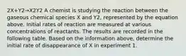 2X+Y2→X2Y2 A chemist is studying the reaction between the gaseous chemical species X and Y2, represented by the equation above. Initial rates of reaction are measured at various concentrations of reactants. The results are recorded in the following table. Based on the information above, determine the initial rate of disappearance of X in experiment 1.