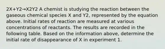 2X+Y2→X2Y2 A chemist is studying the reaction between the gaseous chemical species X and Y2, represented by the equation above. Initial rates of reaction are measured at various concentrations of reactants. The results are recorded in the following table. Based on the information above, determine the initial rate of disappearance of X in experiment 1.