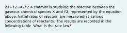 2X+Y2→X2Y2 A chemist is studying the reaction between the gaseous chemical species X and Y2, represented by the equation above. Initial rates of reaction are measured at various concentrations of reactants. The results are recorded in the following table. What is the rate law?