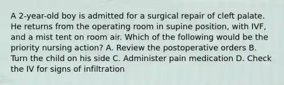 A 2-year-old boy is admitted for a surgical repair of cleft palate. He returns from the operating room in supine position, with IVF, and a mist tent on room air. Which of the following would be the priority nursing action? A. Review the postoperative orders B. Turn the child on his side C. Administer pain medication D. Check the IV for signs of infiltration