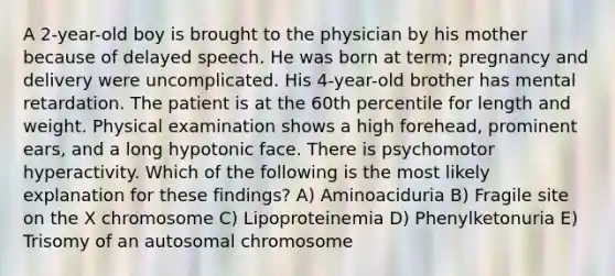 A 2-year-old boy is brought to the physician by his mother because of delayed speech. He was born at term; pregnancy and delivery were uncomplicated. His 4-year-old brother has mental retardation. The patient is at the 60th percentile for length and weight. Physical examination shows a high forehead, prominent ears, and a long hypotonic face. There is psychomotor hyperactivity. Which of the following is the most likely explanation for these findings? A) Aminoaciduria B) Fragile site on the X chromosome C) Lipoproteinemia D) Phenylketonuria E) Trisomy of an autosomal chromosome