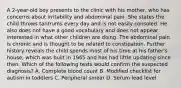 A 2-year-old boy presents to the clinic with his mother, who has concerns about irritability and abdominal pain. She states the child throws tantrums every day and is not easily consoled. He also does not have a good vocabulary and does not appear interested in what other children are doing. The abdominal pain is chronic and is thought to be related to constipation. Further history reveals the child spends most of his time at his father's house, which was built in 1965 and has had little updating since then. Which of the following tests would confirm the suspected diagnosis? A. Complete blood count B. Modified checklist for autism in toddlers C. Peripheral smear D. Serum lead level