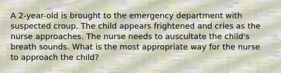 A 2-year-old is brought to the emergency department with suspected croup. The child appears frightened and cries as the nurse approaches. The nurse needs to auscultate the child's breath sounds. What is the most appropriate way for the nurse to approach the child?