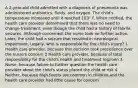 A 2-year-old child admitted with a diagnosis of pneumonia was administered antibiotics, fluids, and oxygen. The child's temperature increased until it reached 103° F. When notified, the health care provider determined that there was no need to change treatment, even though the child had a history of febrile seizures. Although concerned, the nurse took no further action. Later, the child had a seizure that resulted in neurological impairment. Legally, who is responsible for the child's injury? 1 Health care provider, because this decision took precedence over the nurse's concern 2 Health care provider, because of total responsibility for the child's health and treatment regimen 3 Nurse, because failure to further question the health care provider about the child's status placed the child at risk 4 Neither, because high fevers are common in children and the health care provider had little cause for concern