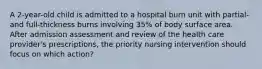 A 2-year-old child is admitted to a hospital burn unit with partial- and full-thickness burns involving 35% of body surface area. After admission assessment and review of the health care provider's prescriptions, the priority nursing intervention should focus on which action?