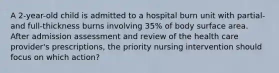 A 2-year-old child is admitted to a hospital burn unit with partial- and full-thickness burns involving 35% of body surface area. After admission assessment and review of the health care provider's prescriptions, the priority nursing intervention should focus on which action?