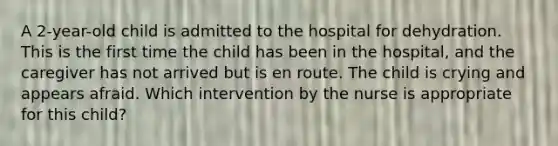 A 2-year-old child is admitted to the hospital for dehydration. This is the first time the child has been in the hospital, and the caregiver has not arrived but is en route. The child is crying and appears afraid. Which intervention by the nurse is appropriate for this child?