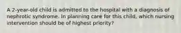 A 2-year-old child is admitted to the hospital with a diagnosis of nephrotic syndrome. In planning care for this child, which nursing intervention should be of highest priority?