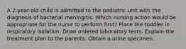 A 2-year-old child is admitted to the pediatric unit with the diagnosis of bacterial meningitis. Which nursing action would be appropriate for the nurse to perform first? Place the toddler in respiratory isolation. Draw ordered laboratory tests. Explain the treatment plan to the parents. Obtain a urine specimen.