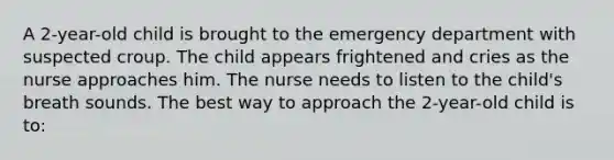 A 2-year-old child is brought to the emergency department with suspected croup. The child appears frightened and cries as the nurse approaches him. The nurse needs to listen to the child's breath sounds. The best way to approach the 2-year-old child is to: