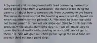 A 2-year-old child is diagnosed with lead poisoning caused by eating paint chips from a windowsill. The nurse is teaching the parents of about how to prevent this from occurring in the future. The nurse determines that the teaching was successful based on which statement by the parents? A. "We need to teach our child not to eat paint." B. "We will not allow our child to drink any milk products while awake duringthe day." C. "We will make sure to cover the windowsills with paneling so our child cannot get to them." D. "We will give our child ipecac syrup the next time we see our child eating a paint chip."