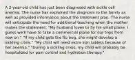 A 2-year-old child has just been diagnosed with sickle cell anemia. The nurse has explained the diagnosis to the family as well as provided information about the treatment plan. The nurse will anticipate the need for additional teaching when the mother makes the statement: "My husband loves to fly his small plane. I guess we'll have to take a commercial plane for our trips from now on." "If my child gets the flu bug, she might develop a sickling crisis." "My child will need extra iron tablets because of her anemia." "During a sickling crisis, my child will probably be hospitalized for pain control and hydration therapy."